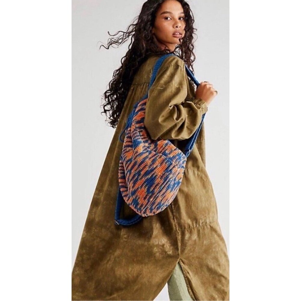 Free People Montana Crochet Backpack Bucket  Adjustable Straps Orange Blue NEW